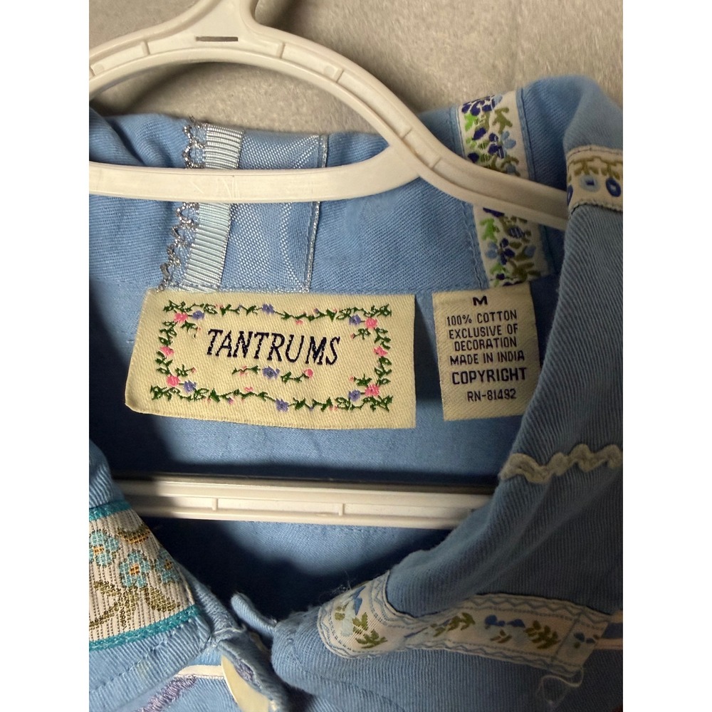 Tantrums Vintage Blue Floral Embroidered Cotton Jacket Ribbon Trim Womens Medium - Picture 2 of 6